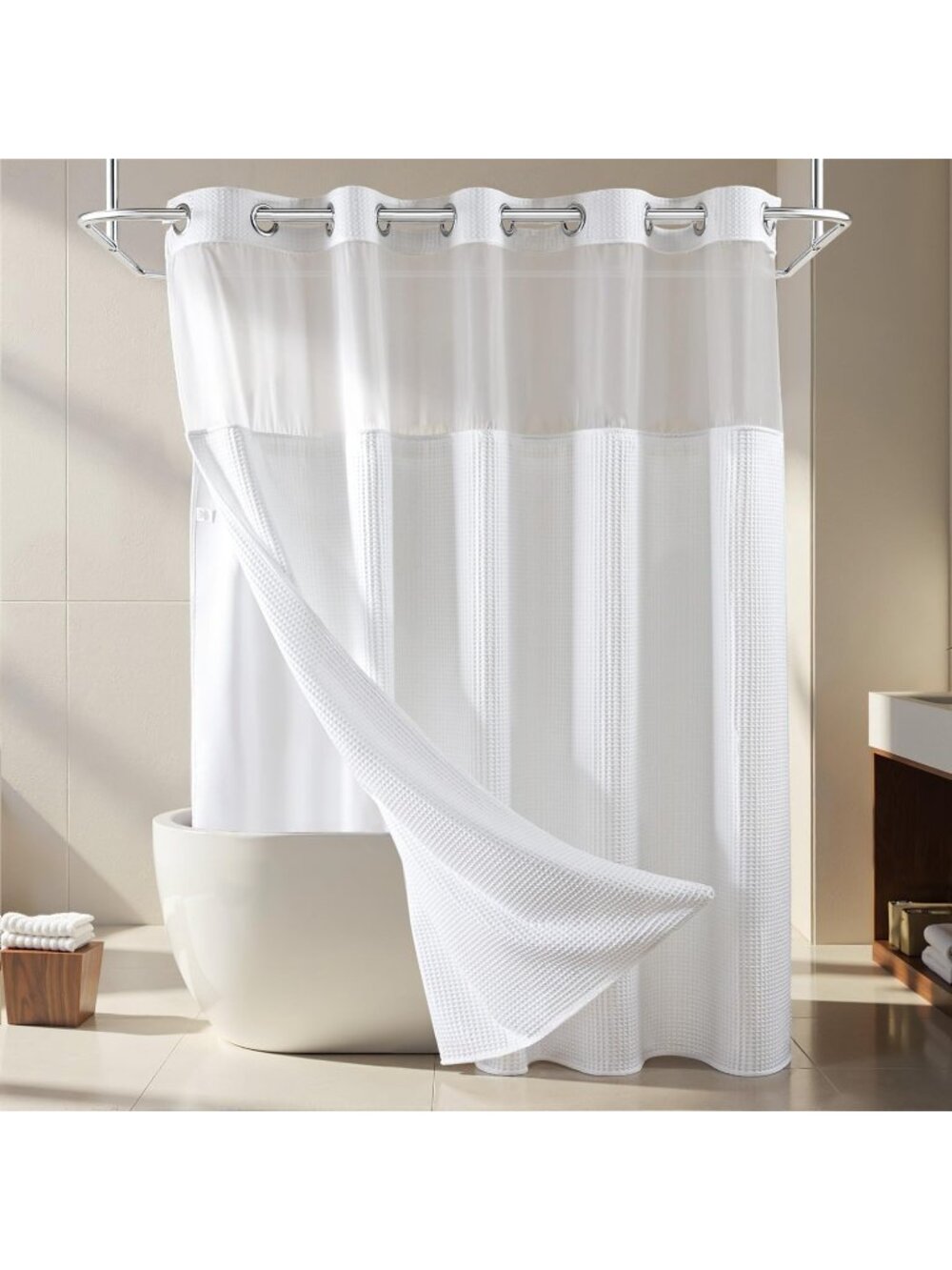 New Dream White Cotton Blend Fabric Shower Curtain Set with Liner, 71x74